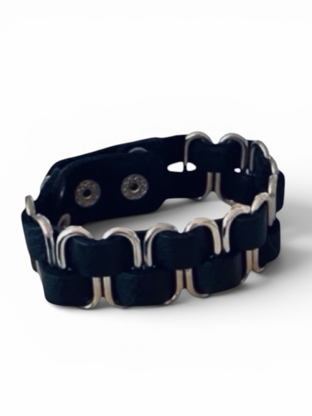 BeBe Black Leather and Silver Woven Bracelet